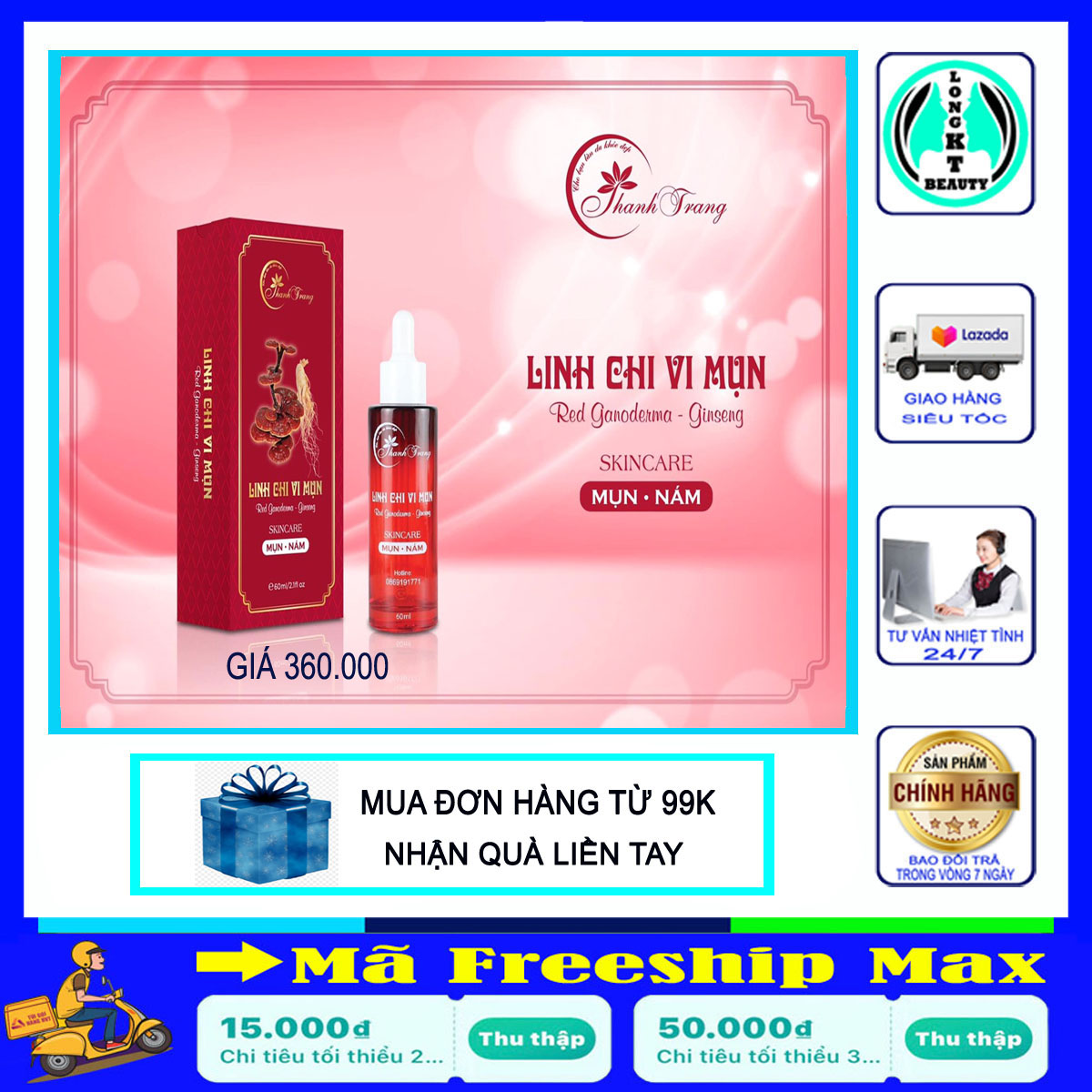 Tái tạo da Linh chi vi Mụn Dung Dịch Ngừa Mụn, Nám, Tàn Nhang, Sẹo Rỗ mỹ phẩm Thanh