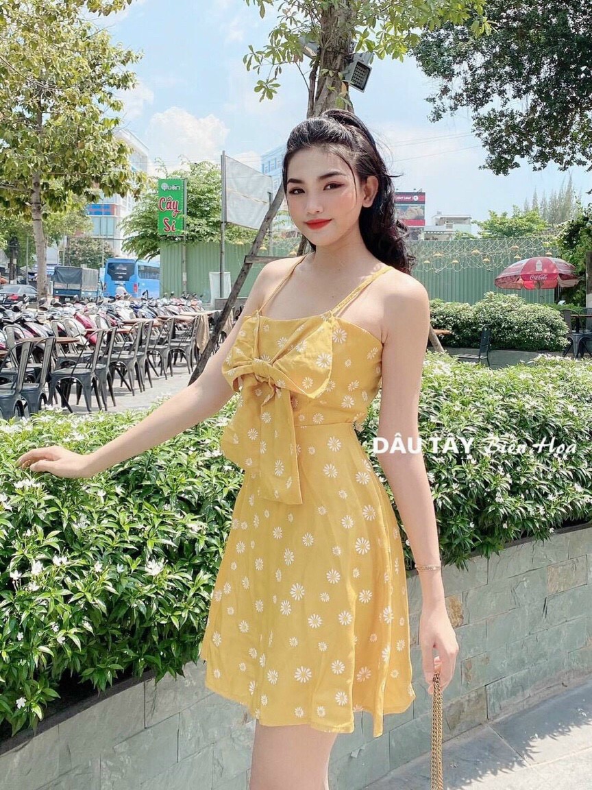 Đầm 2 dây hoa cúc nơ ngực-MTB#damnu