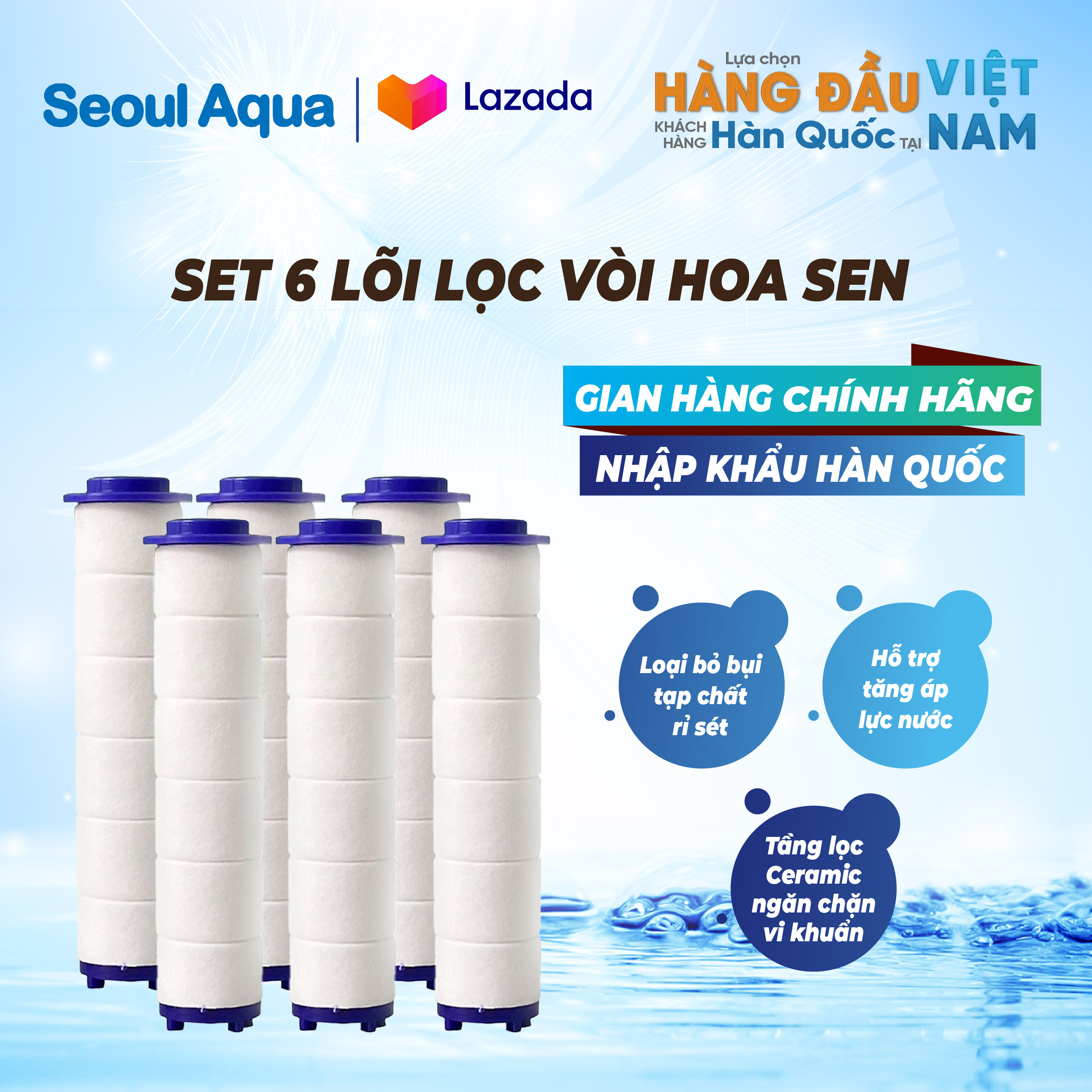 Set 6 Lõi Lọc Nước Thay Thế Cho Vòi Hoa Sen, Bằng Bông PP Kết Hợp Đá Lọc Tạo Khoáng SEOUL AQUA Loại Bỏ Bụi Tạp Chất An Toàn Lành Tính