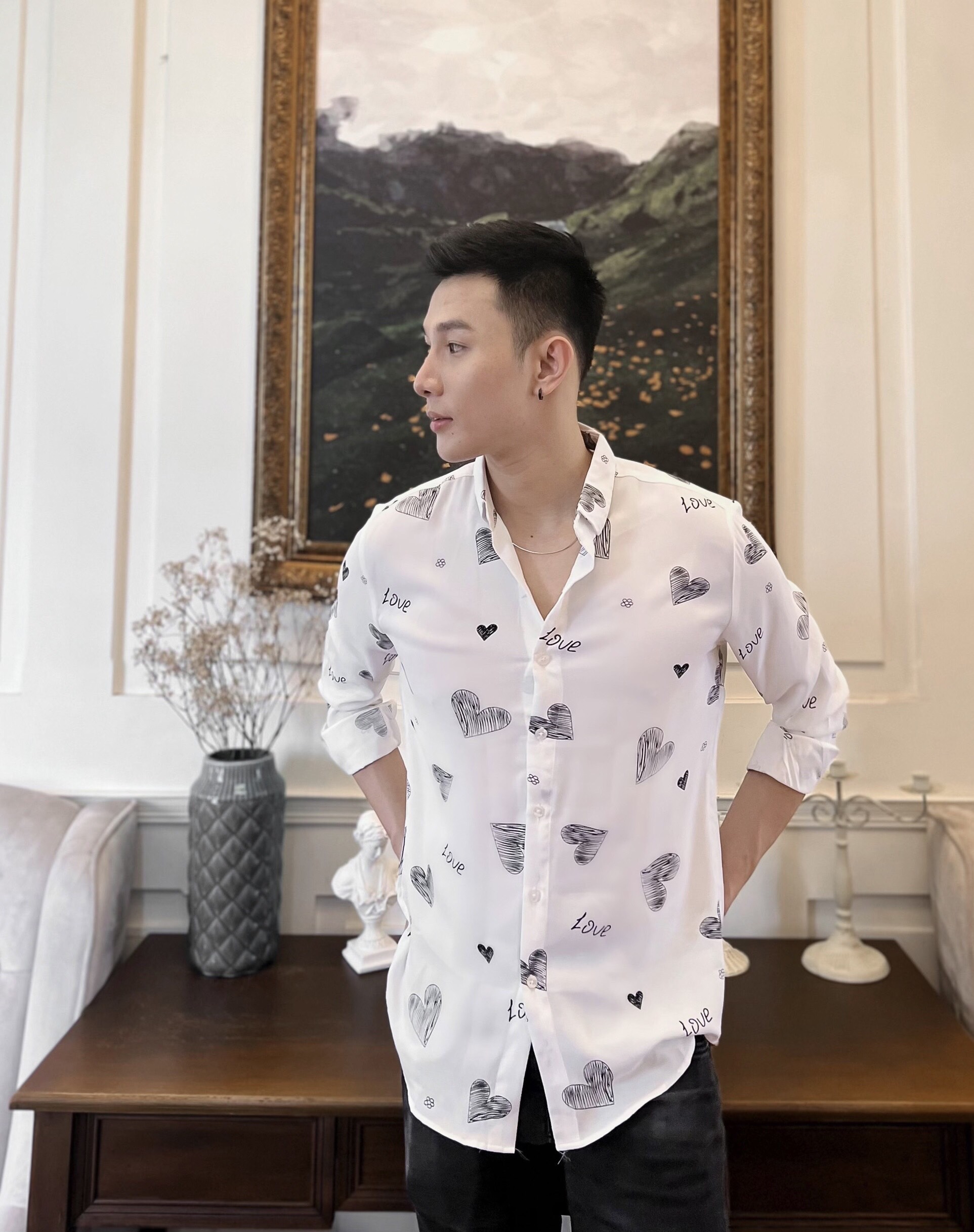 áo sơ mi lụa dài tay form rộng họa tiết S9