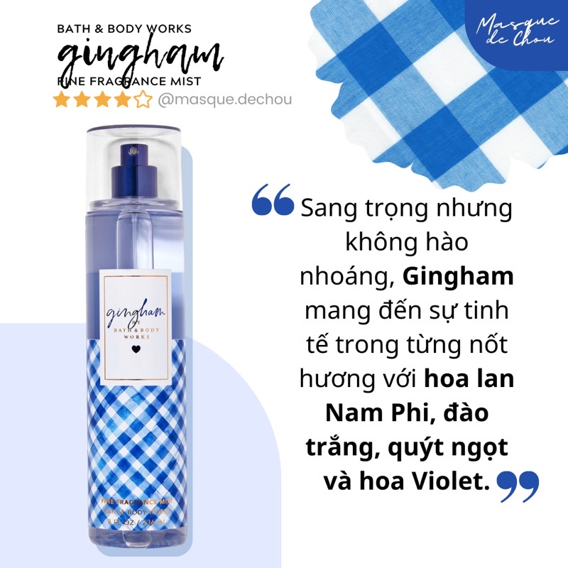 Xịt thơm GINGHAM BODY MIST Bath and Body Works Chai 236ml/20ml/10ml