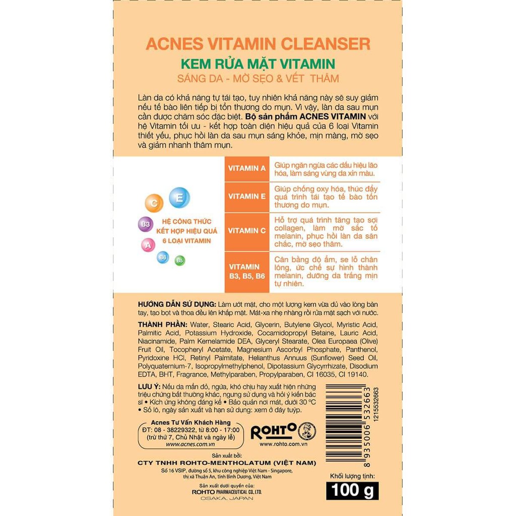 Acnes Vitamin Cleanser - Kem rửa mặt Vitamin