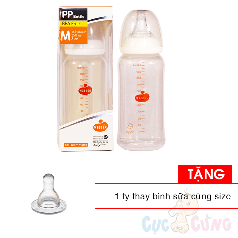 Combo Bình sữa Wesser Nano Silver cổ thường 250ml Tặng 1 ty cùng size
