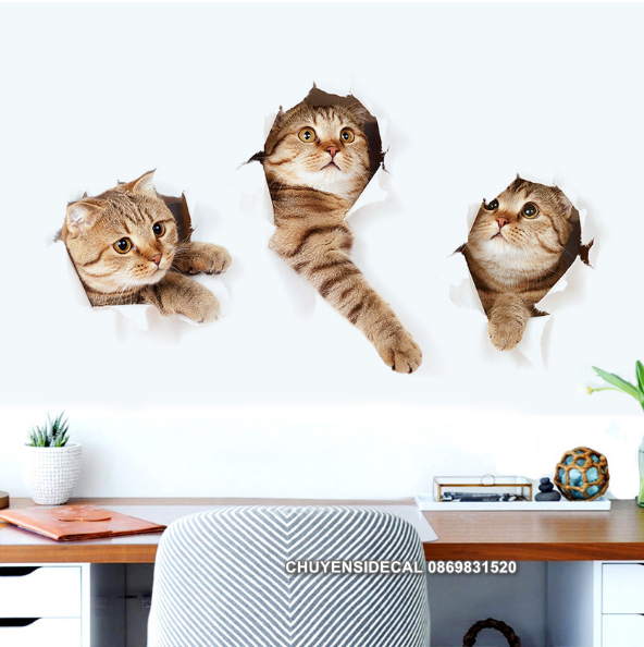 Decal trang trí tường - 3 Con Mèo 3D siêu phá