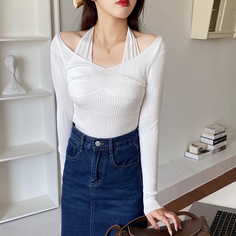 Áo len nữ tay dài cổ V phối dây cổ sành điệu - Áo dệt kim nữ Quảng Châu cao cấp