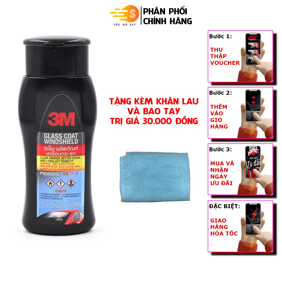 Dung dịch chống bám nước trên kính xe 3M 08889LT 200ml (Hàng Thái) - Tốc Độ 247, Trượt nước, Trượt kính, kính hậu, kính bên, hiệu quả lâu dài, giá tốt, giá rẻ, tăng tầm nhìn khi mưa