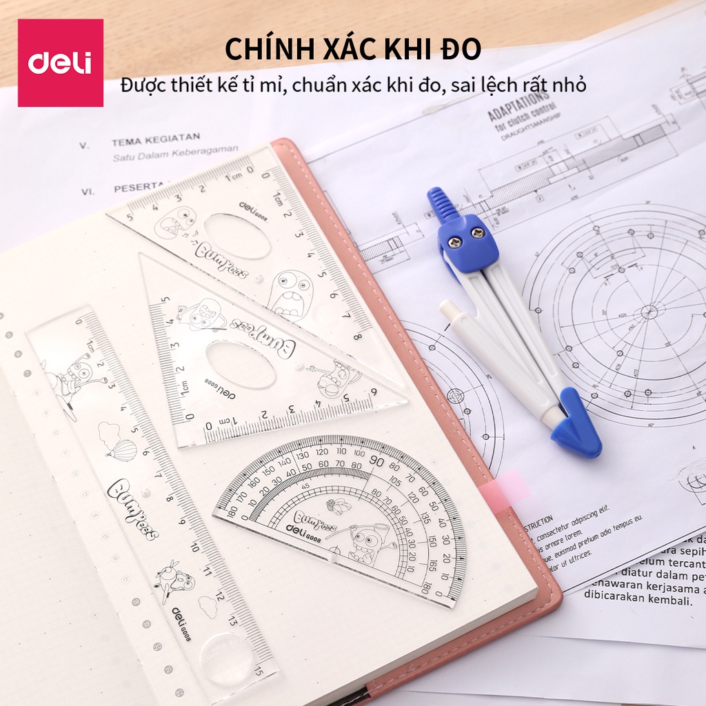 Bộ 5 dụng cụ đo độ, eke, thước thẳng, compa Deli E9598