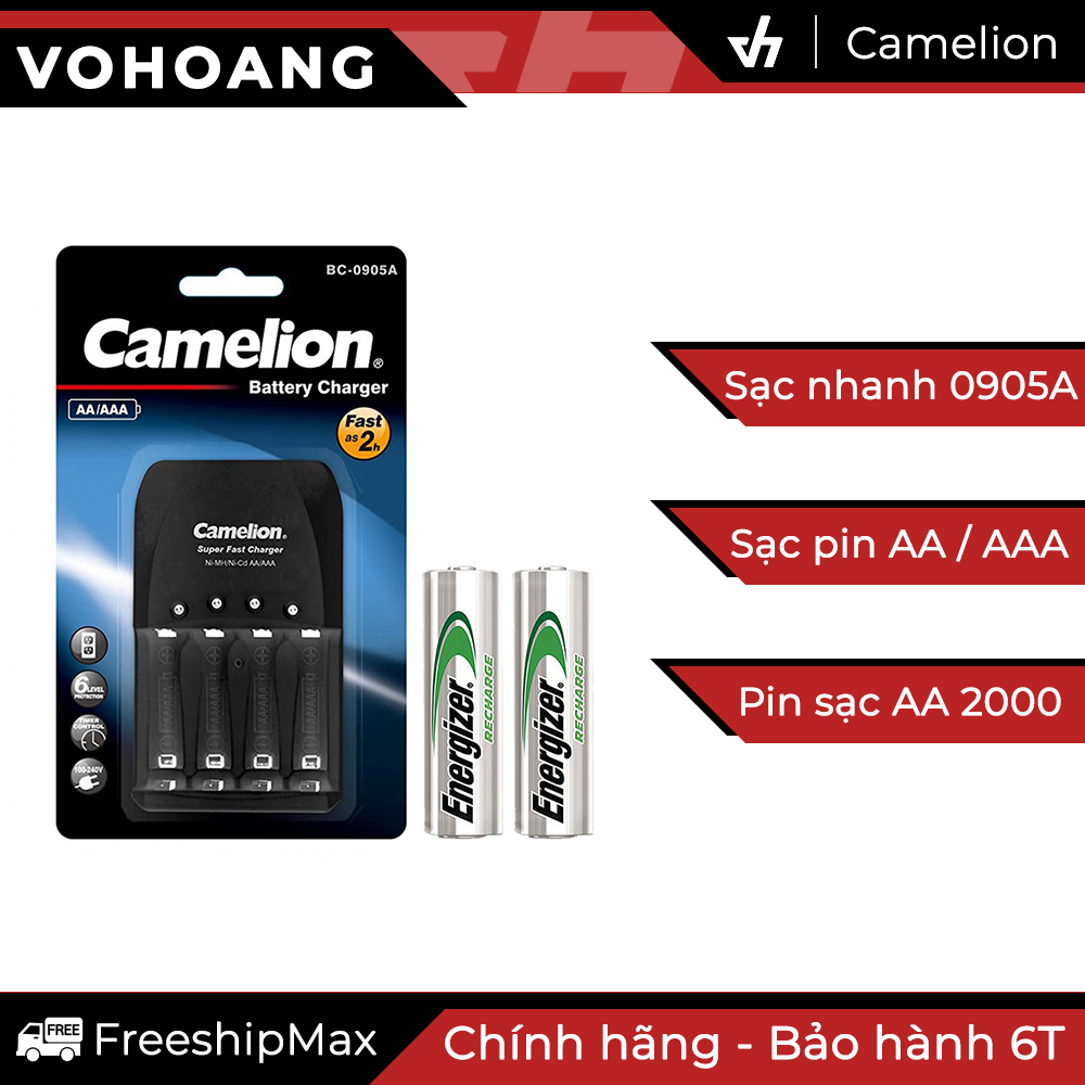 Camelion 0905A sạc nhanh + 2 pin Energizer 2000mAh TRAY, tự ngắt sạc