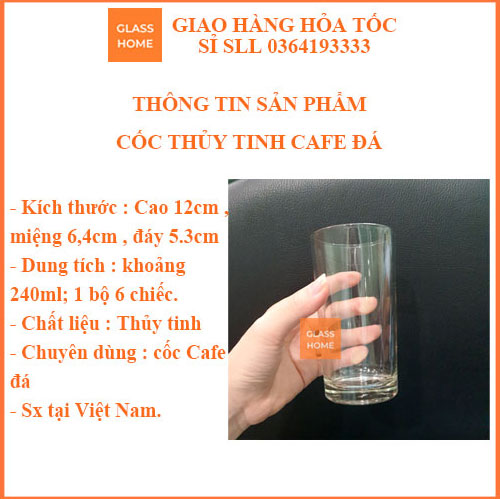 Cốc thủy tinh cafe đá thẳng 240ml bộ 6 cái Glazz Home Ly thủy tinh cao cấp