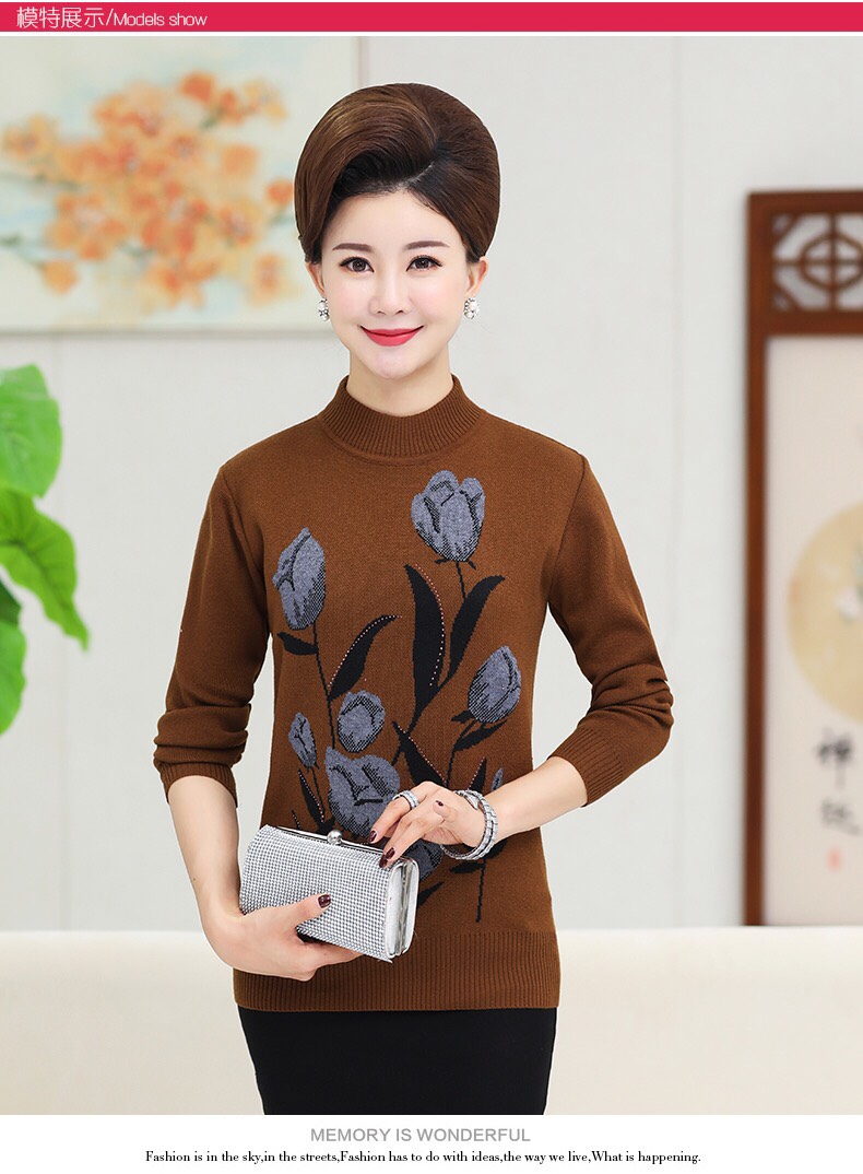 Áo len cổ cao trung niên nữ họa tiết hoa sang trọng,áo kiểu trung niên nữ, áo khoác len