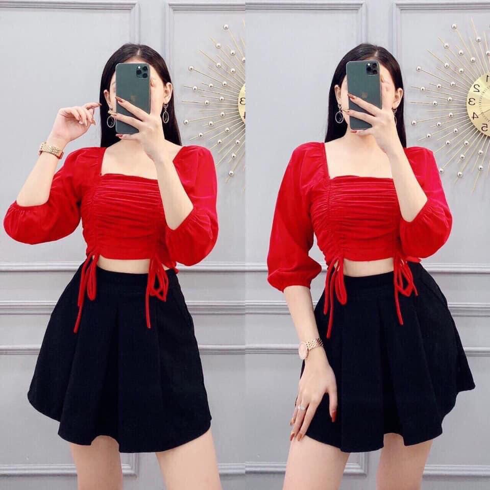 Áo voan kiểu dài tay phồng trễ vai phối dây rút hai bên xinh xắn