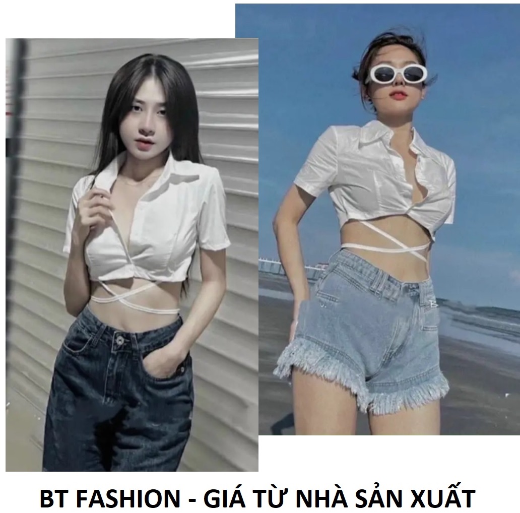 Áo sơ mi tay croptop cột dây eo - bt fahion sm01a