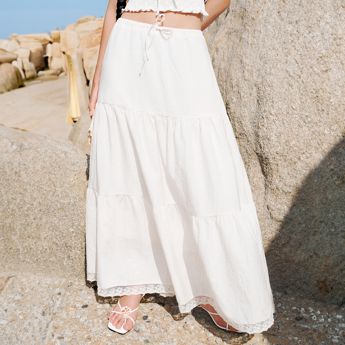 DOTTIE - Chân váy maxi phối ren - Trắng - S0208