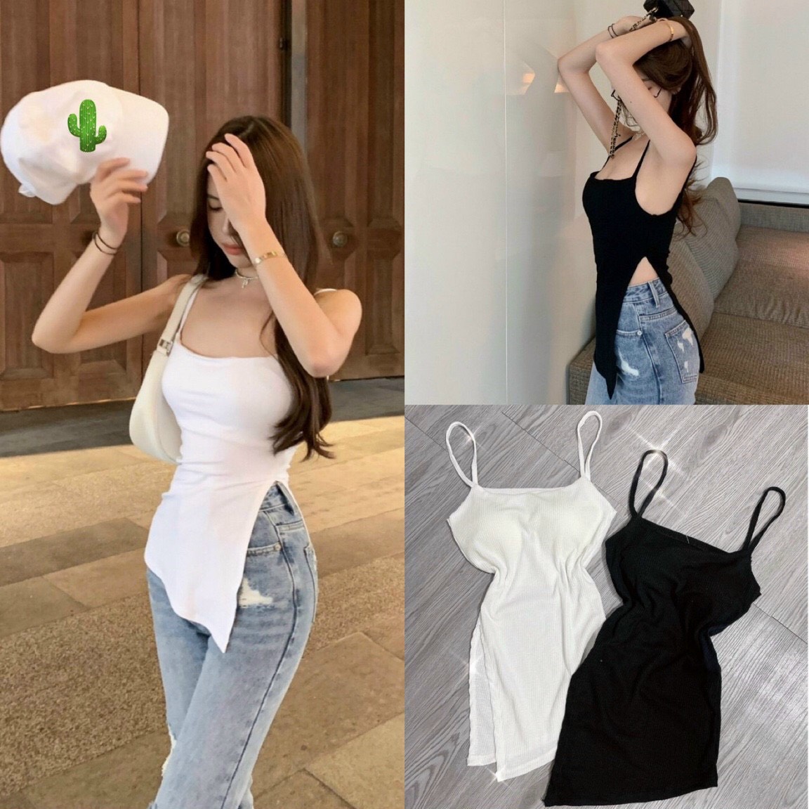 Áo hai dây xẻ tà 1 bên Nữ chất Thun gân dày dặn