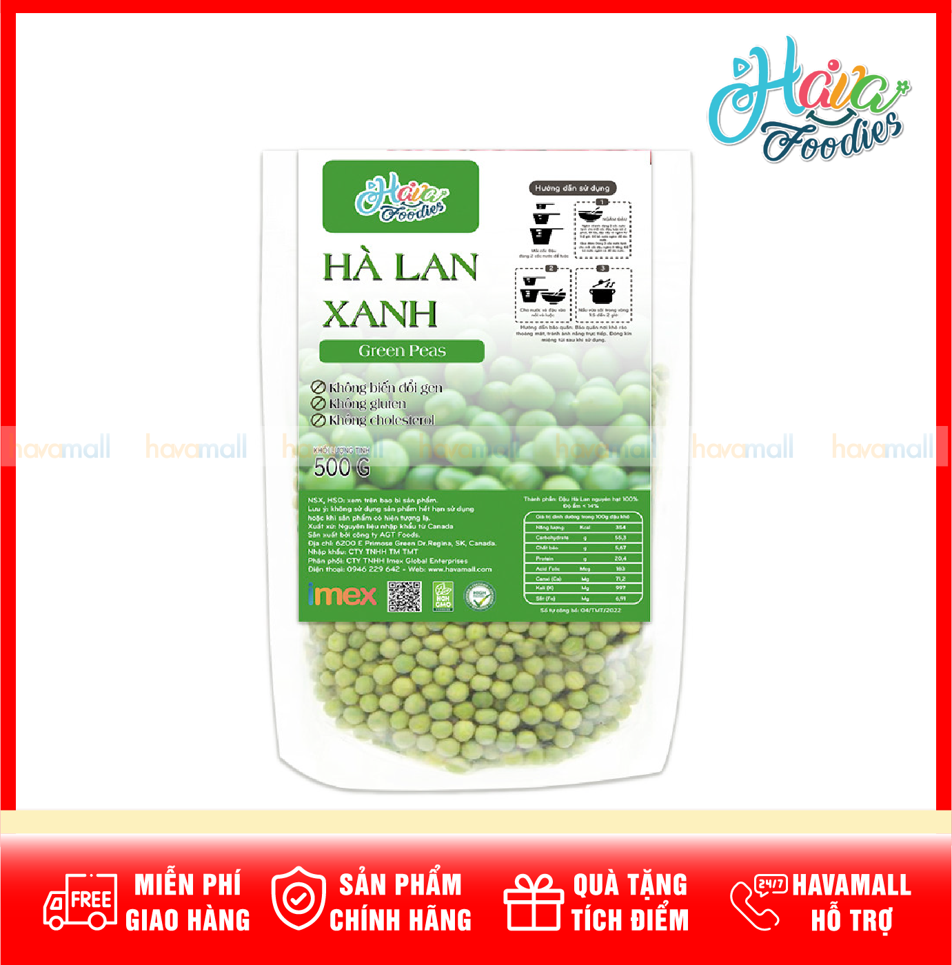 [HOÀN TIỀN MAX 10%]Đậu Hà Lan Xanh nguyên hạt Havafoodies 500gr ngăn ngừa và hỗ trợ điều trị bệnh tiểu đường