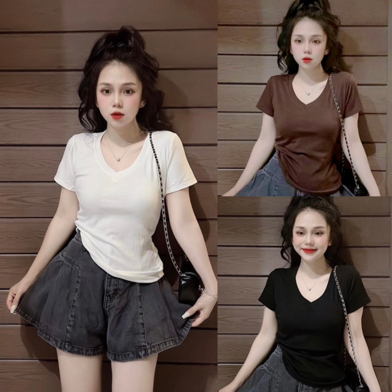 Áo thun nữ dáng ôm cổ tim tay ngắn trơn ( 787 )
