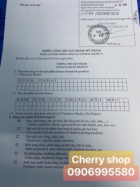KEM NÁM TÀN NHANG ĐỒI MỒI EVER TODAY (10G) đủ giấy