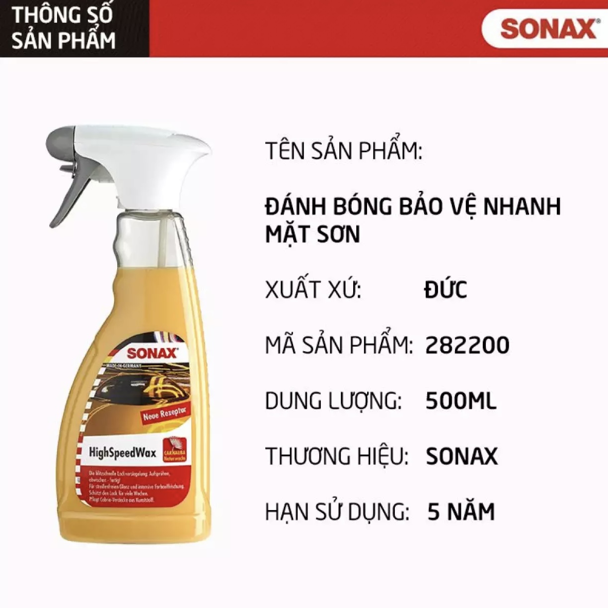 Dung dịch xịt phủ đánh bóng bảo vệ nhanh mặt sơn chống tia UV SONAX HighSpeed Wax 500ml dùng cho xe hơi, xe ô tô, thích hợp cả bảo dưỡng nhựa và cao su, xịt phủ bóng sonax - Sonax 288200