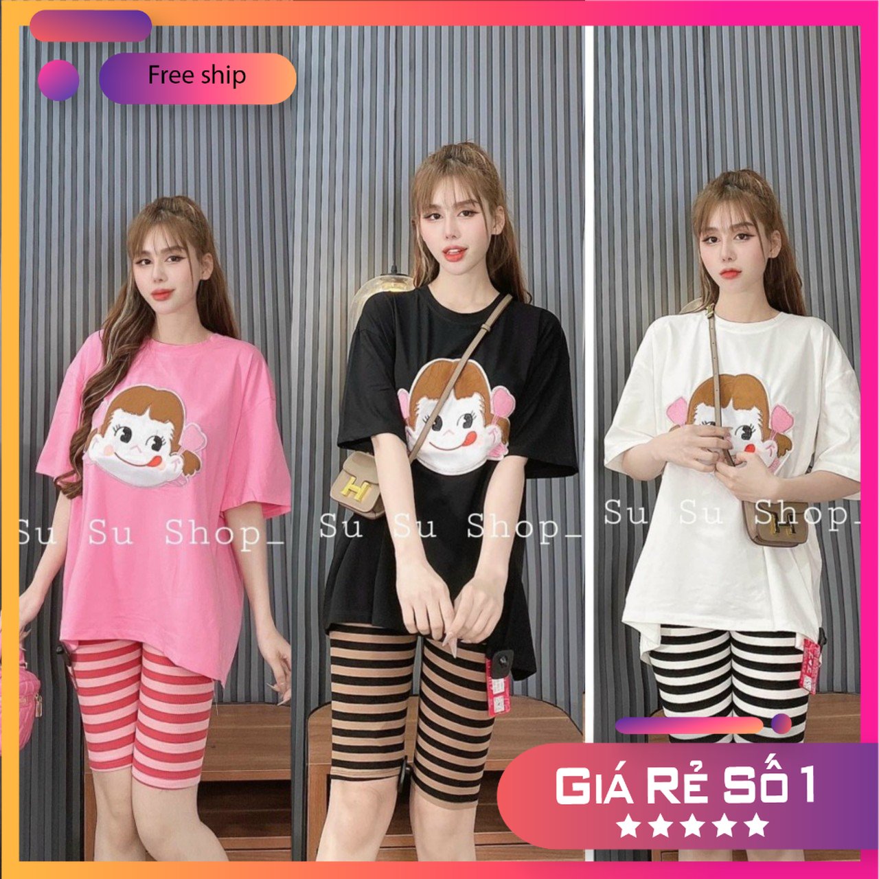 Set đồ bộ thun in hình búp bê phối quần kẻ sọc cực xinh , hot , đi chơi cực xinh db07310212