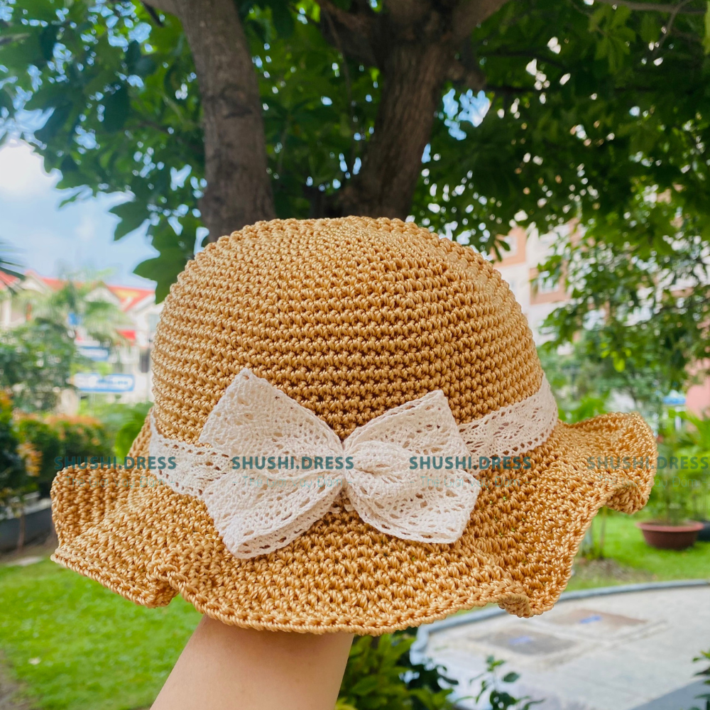 Mũ cói nón cói đi biển cho bé gái và mẹ hàng handmade có dây
