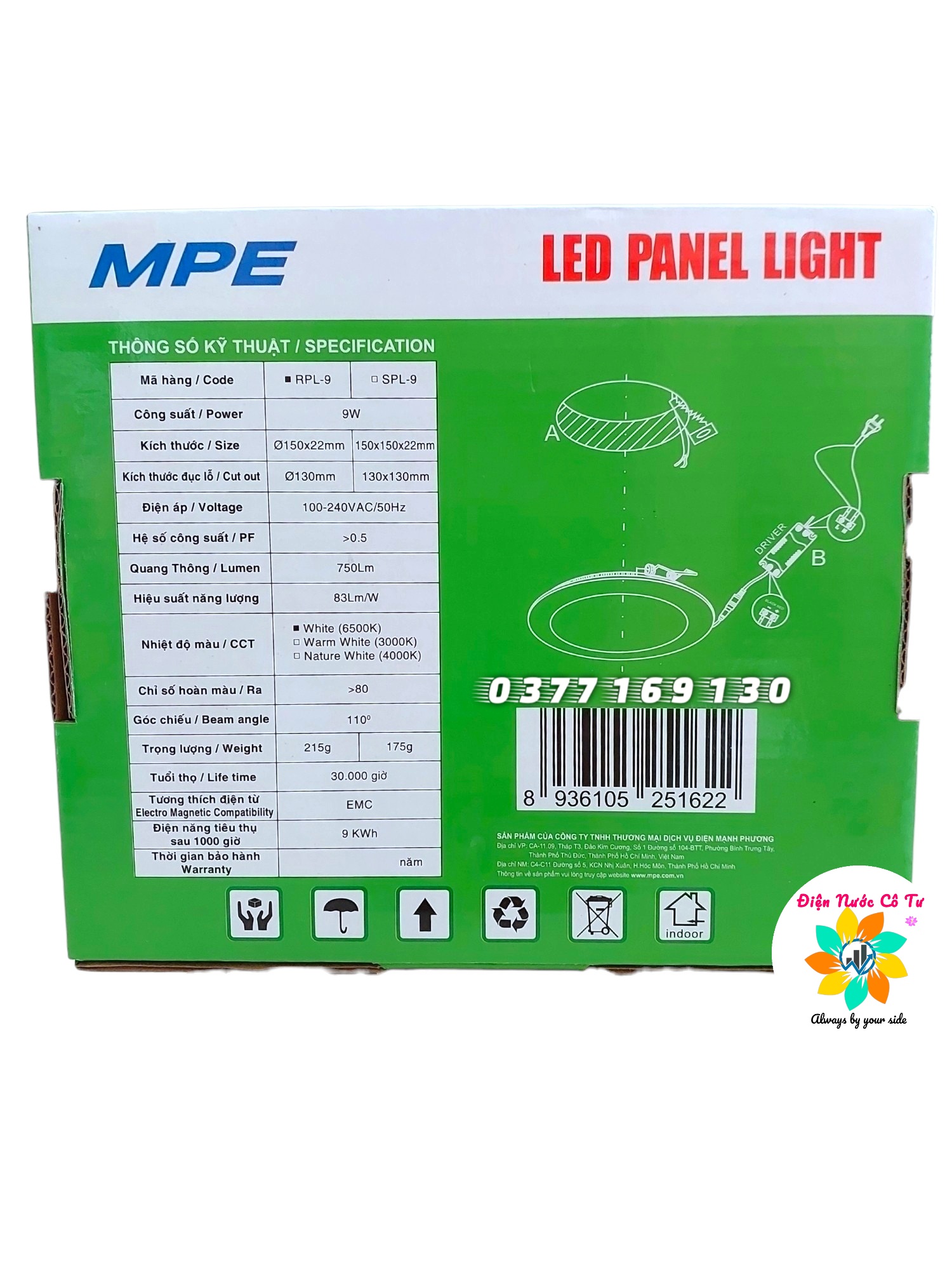 Đèn LED âm trần 9w cao cấp MPE (bảo hành 24 tháng)