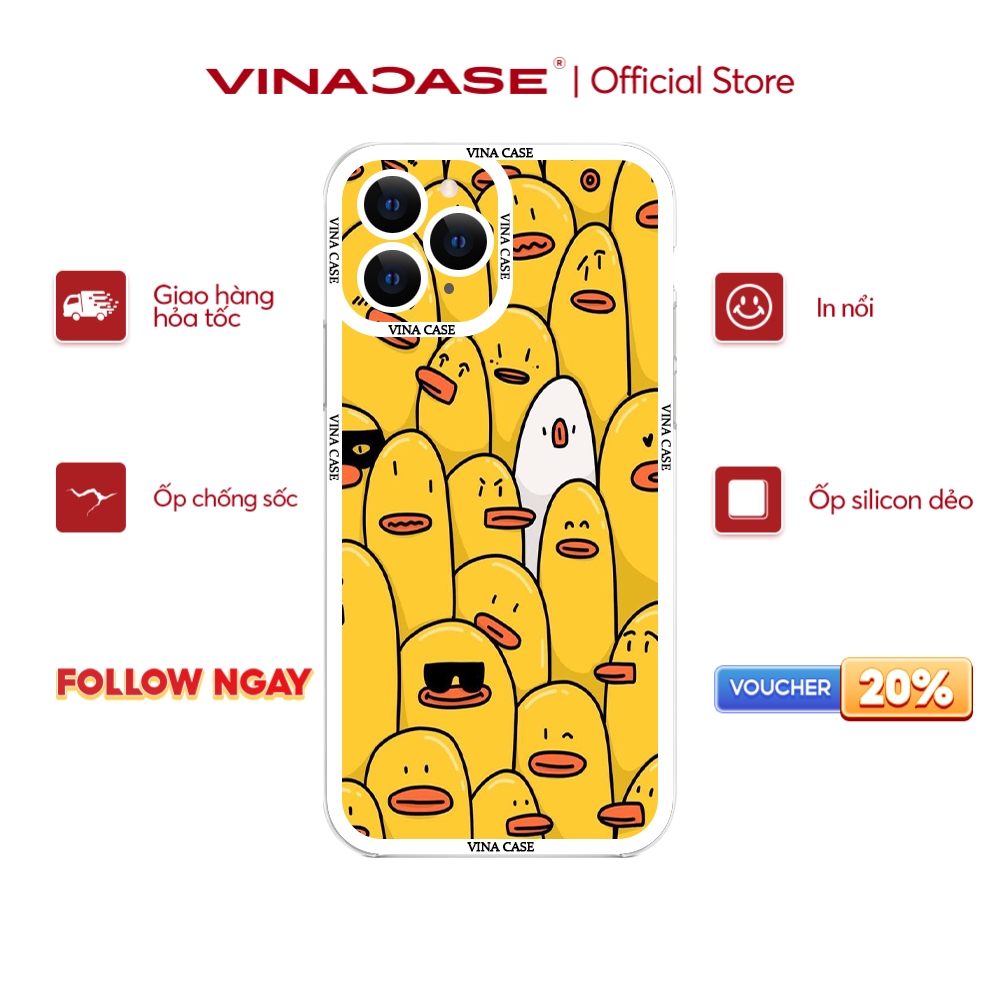 Ốp lưng Vina Case Iphone 6S/6 Plus/7G/8G/X/Xs/11/12/....dẻo trong cạnh vuông viền camera hình Vịt Vàng