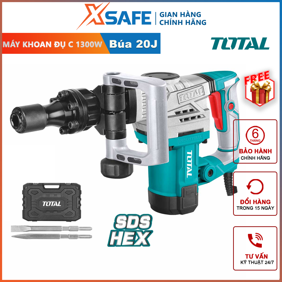 Punching machine concrete Total TH2130016 | machine drill chisel power 1300W, speed beating 3800 BPM, force beating 20J shoot screw, perforated wall, concrete drilling