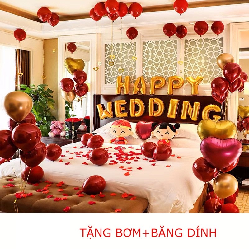 Set Bóng Bay Trang Trí Giường Cưới, Phòng Tân Hôn Happy Wedding Đẹp