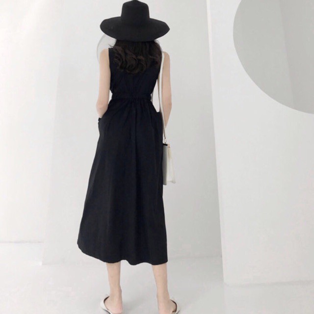 Đầm đen dài thun eo 2 túi