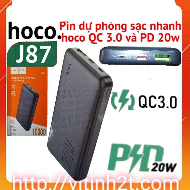 Pin dự phòng sạc nhanh 10.000mah hoco J87 QC 3.0 và PD 20w,cổng sạc type