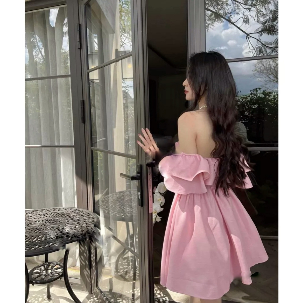 Váy Trễ Vai Von Lụa Mềm 2 Lớp 2 Màu Hồng Trắng (l02)