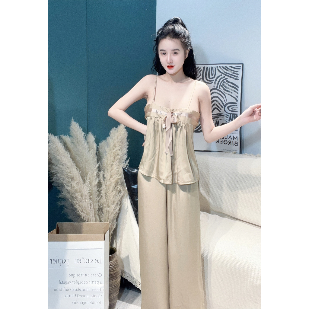 Đồ bộ hai dây cột nơ form suôn rộng lụa latin chất đẹp
