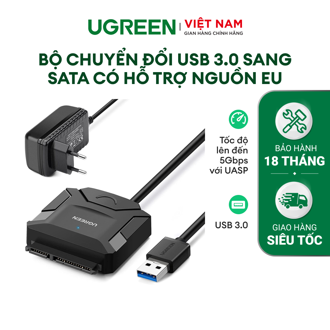 Dây chuyển đổi USB 3.0 sang SATA kèm dây nguồn 12V2A dài 50CM UGREEN CR108 | Đọc ổ cứng lên đến 12TB | ]Tốc độ tới 6Gbps | Bảo hành 18 tháng