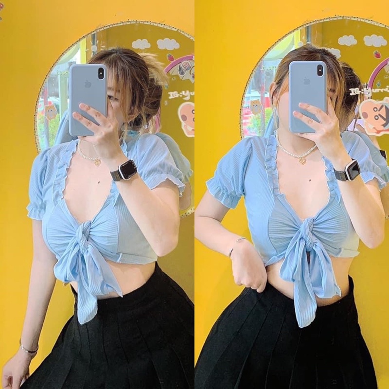 Áo croptop cột nơ sexy 🦋 áo croptop thun gân tay ngắn cột nơ siêu đẹp lô lô