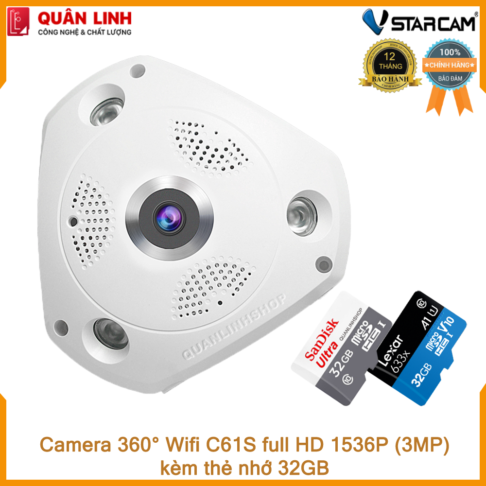 Camera Wifi IP Vstarcam C61s Full HD 1536P ốp trần, góc rộng 360 độ, bảo hành 12 tháng