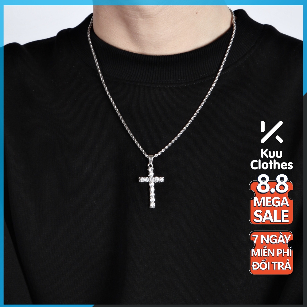 Dây Chuyền Nam Mặt Chữ Thập Đính Đá Siw Chain Kuu Clothes Màu Bạc Đẹp Cao Cấp - Vòng Cổ Nam Cá Tính Chất Liệu Titan