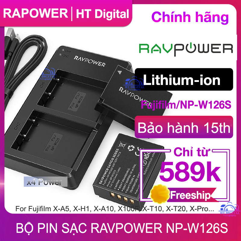 Bộ 2 pin NP-W126S và đế sạc kép RAVPower RP-BC023 tương thích Fujifilm NP-W126S FinePix X-A5.. - Hàng Chính Hãng