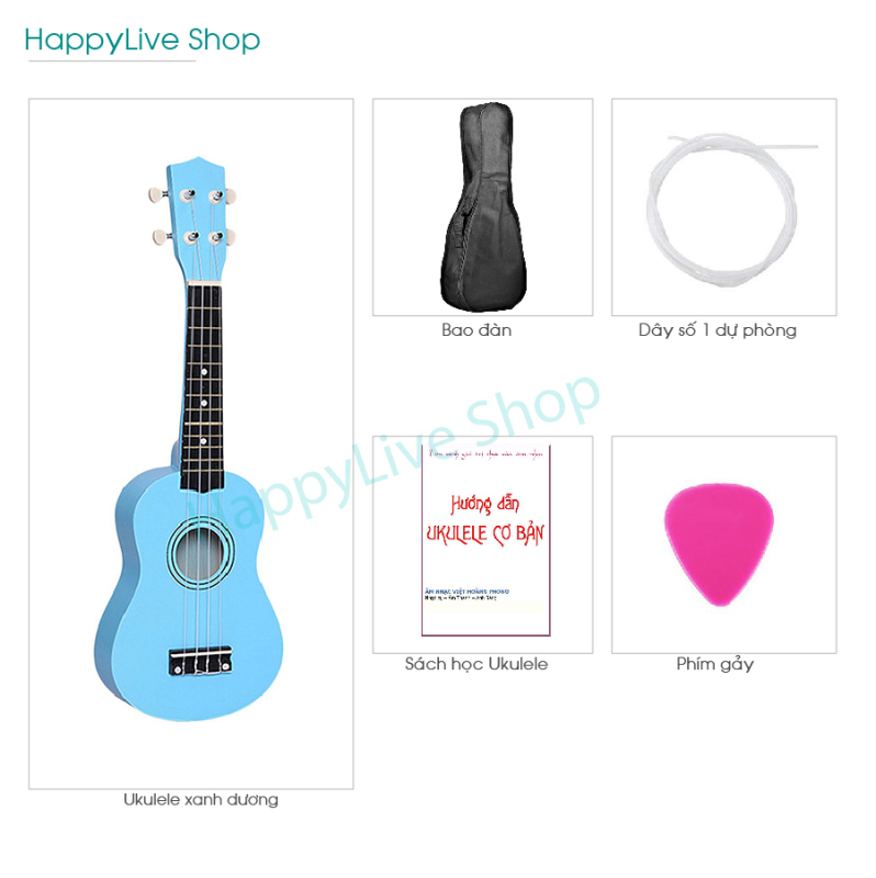 Đàn Ukulele Soprano gỗ + Tặng 4 phụ kiện (Bao Sách Dây dự phòng Phím gảy) - HappyLive Shop (Nhiều màu)