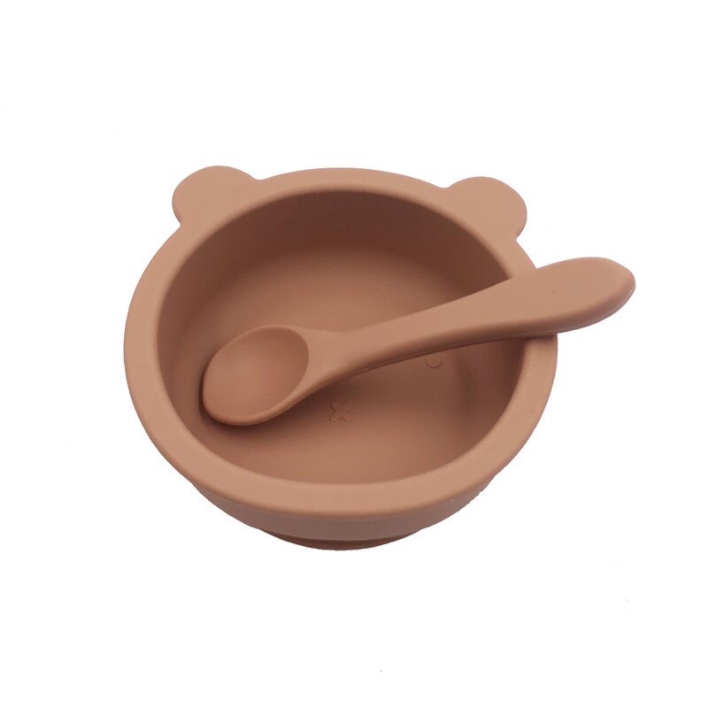 [Ảnh thật] Chén Bát Gấu ăn dặm kèm muỗng Silicon đế bám chống trượt phong cách Hàn Quốc ngộ nghĩnh cho bé