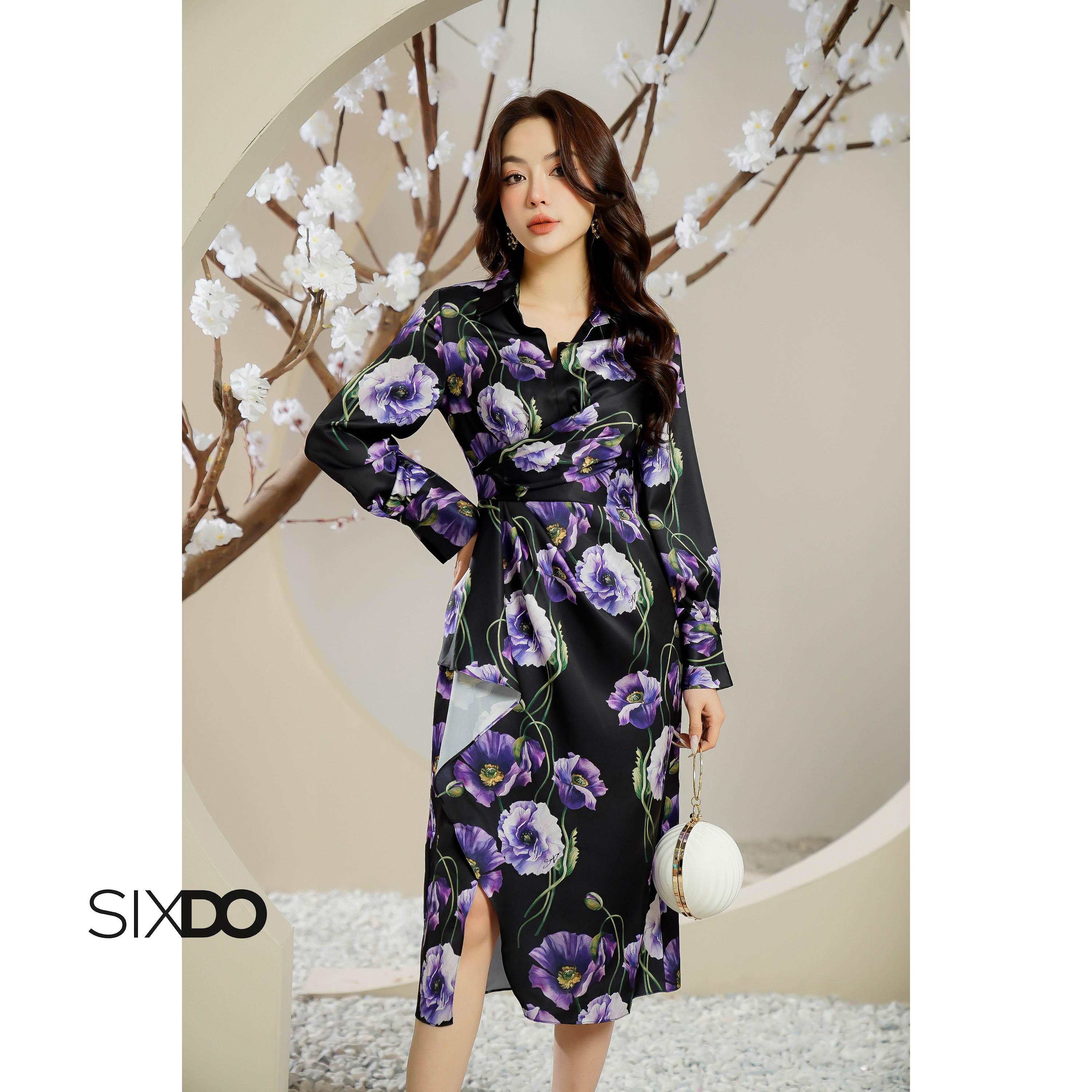 Đầm lụa hoa tay dài cổ sơ mi sixdo