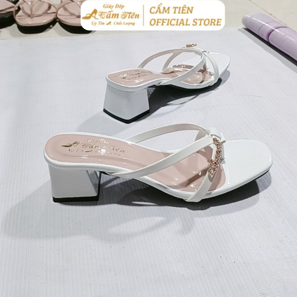 Giày sandal nữ CẨM TIÊN gót 3cm,5cm,7cm quai chéo trắng