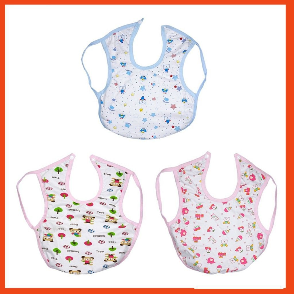 Yếm Cho Bé Ăn Dặm Cotton Có Lớp Chống Thấm Xỏ Tay Cúc Bấm