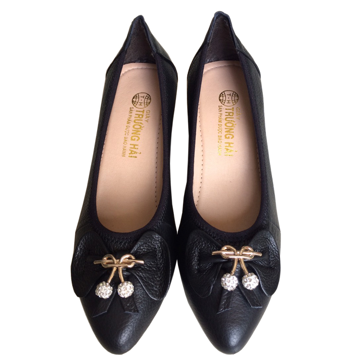 Giày dép nữ đế xuồng 5cm Trường Hải da bò đen đế cao su không trơn TH131