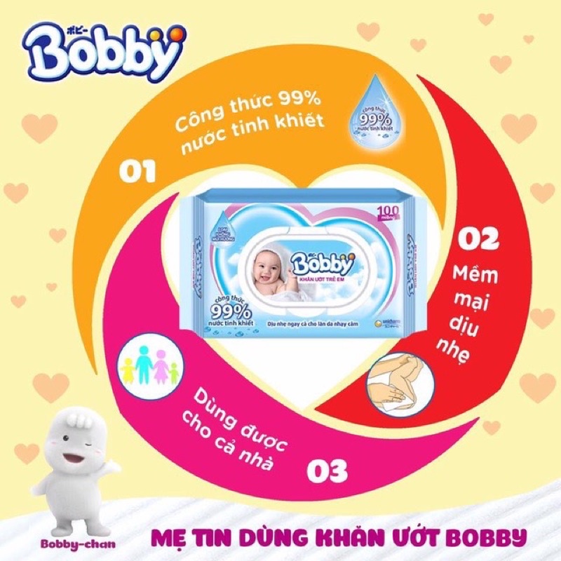 Combo 6 gói khăn ướt có mùi/ không mùi Bobby 100 miếng