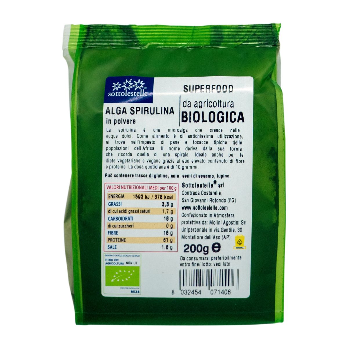 Bột tảo Spirulina hữu cơ 200g Sottolestelle