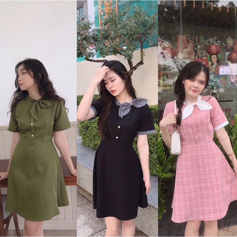 [3-5/8 Hoàn Tiền 25%]Đầm nơ cổ phối màu