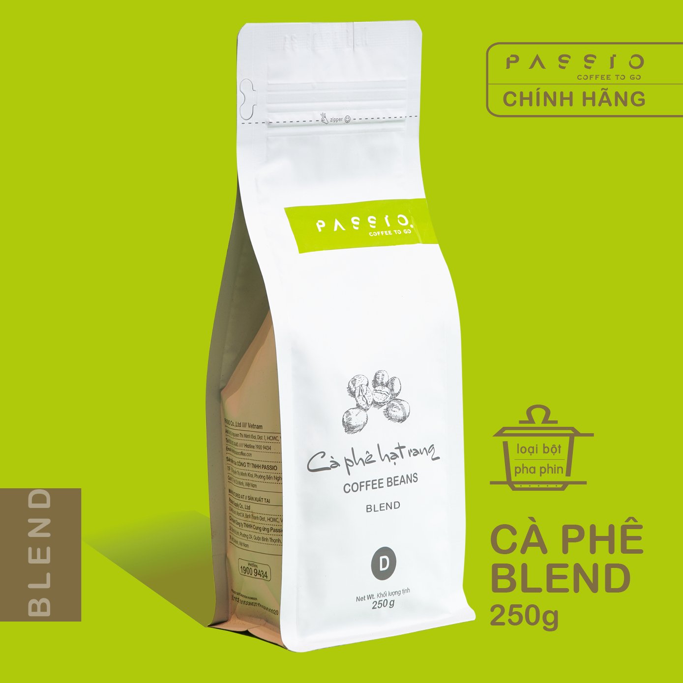 Cà phê Blend dạng Bột (pha phin) nguyên chất 100% rang mộc - Passio Coffee 250g
