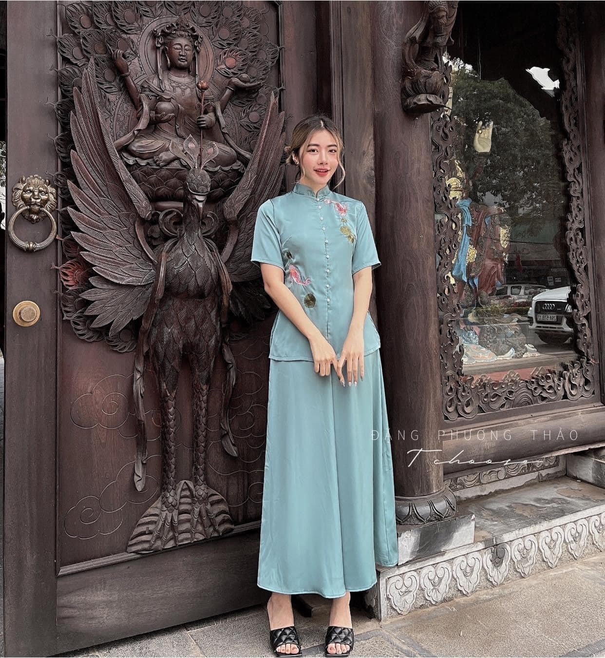 Đồ Lam Đi Chùa Vải Lụa mềm thêu cá chép L09