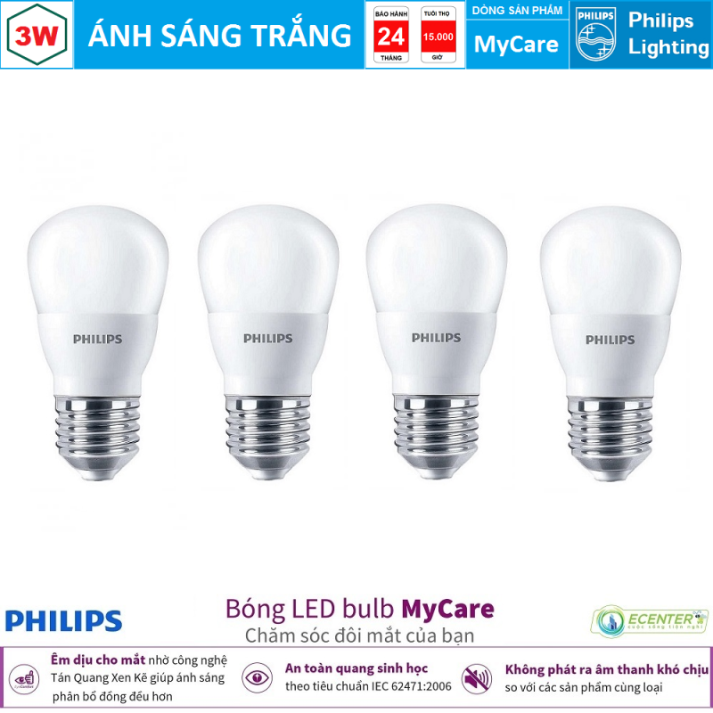 ( Bộ 4 ) Bóng Philips LEDBulb MyCare 3W 6500K/3000K P45 E27 ( Ánh Sáng Trắng & Vàng )
