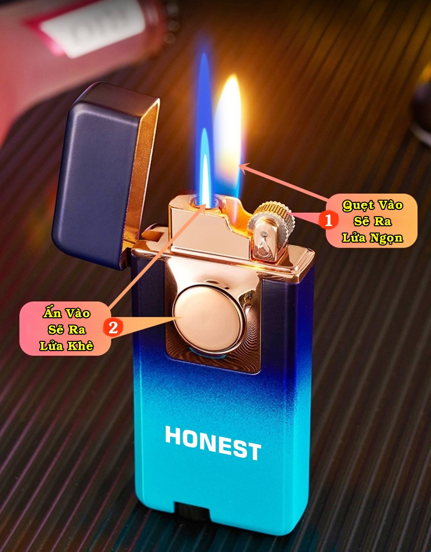 BẬT LỬA HO-NEST 2 CHẾ ĐỘ LỬA MÀU CẦU VÒNG (LỬA NGỌN VÀ LỬA HOẢ TIỄN) - (XÀI GAS)